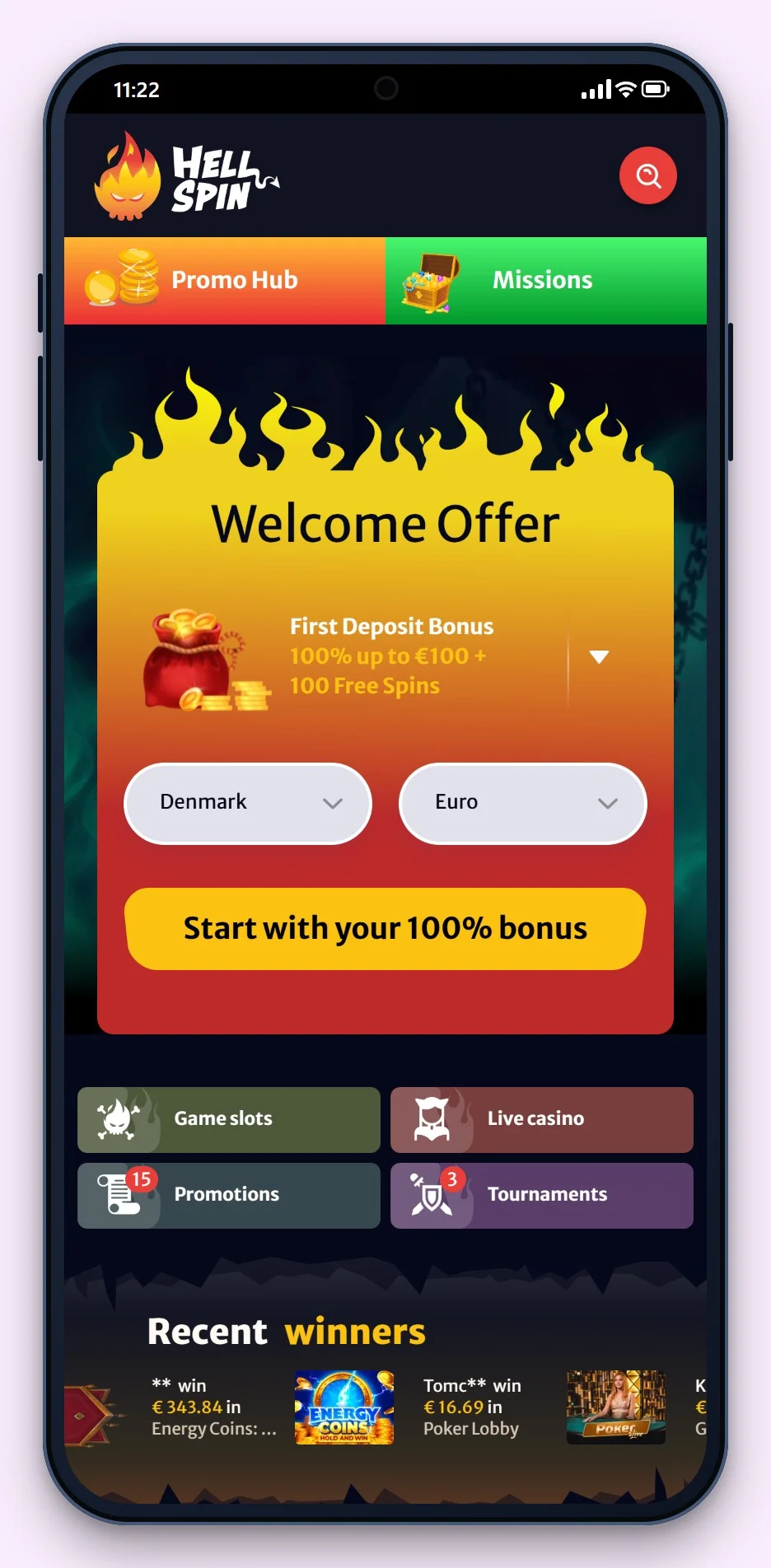 mga casino: HellSpin på mobilen, lobbyen