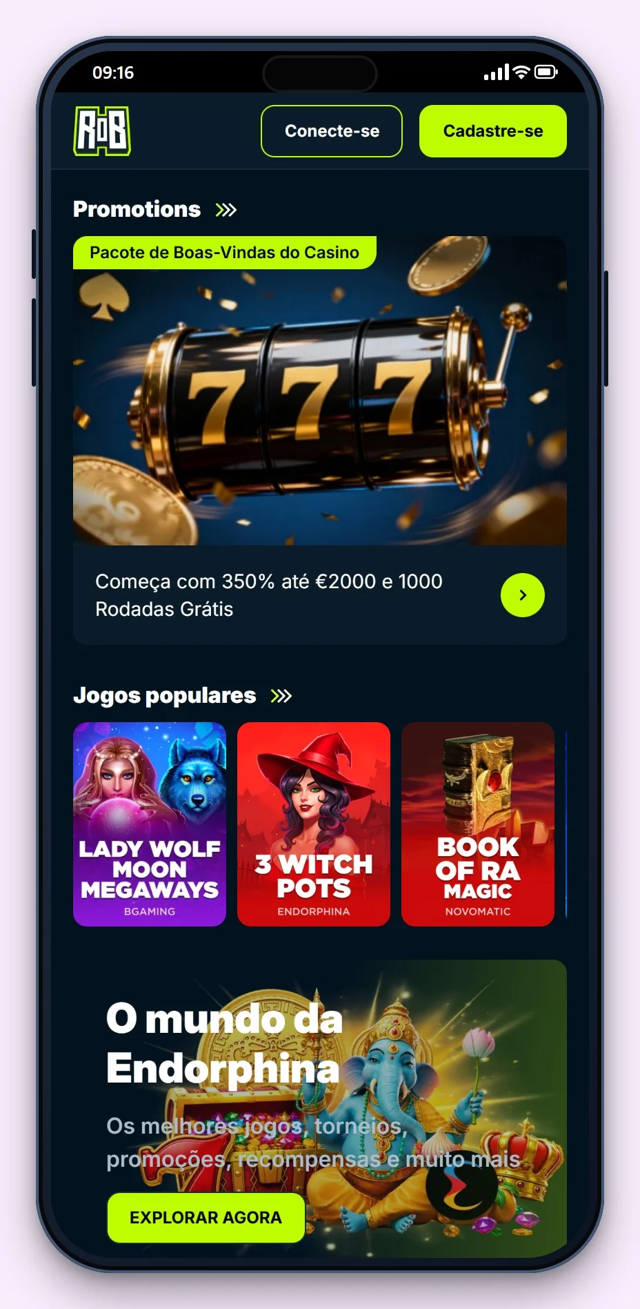 MGA casino: Rise of Bets no telemóvel, o lobby