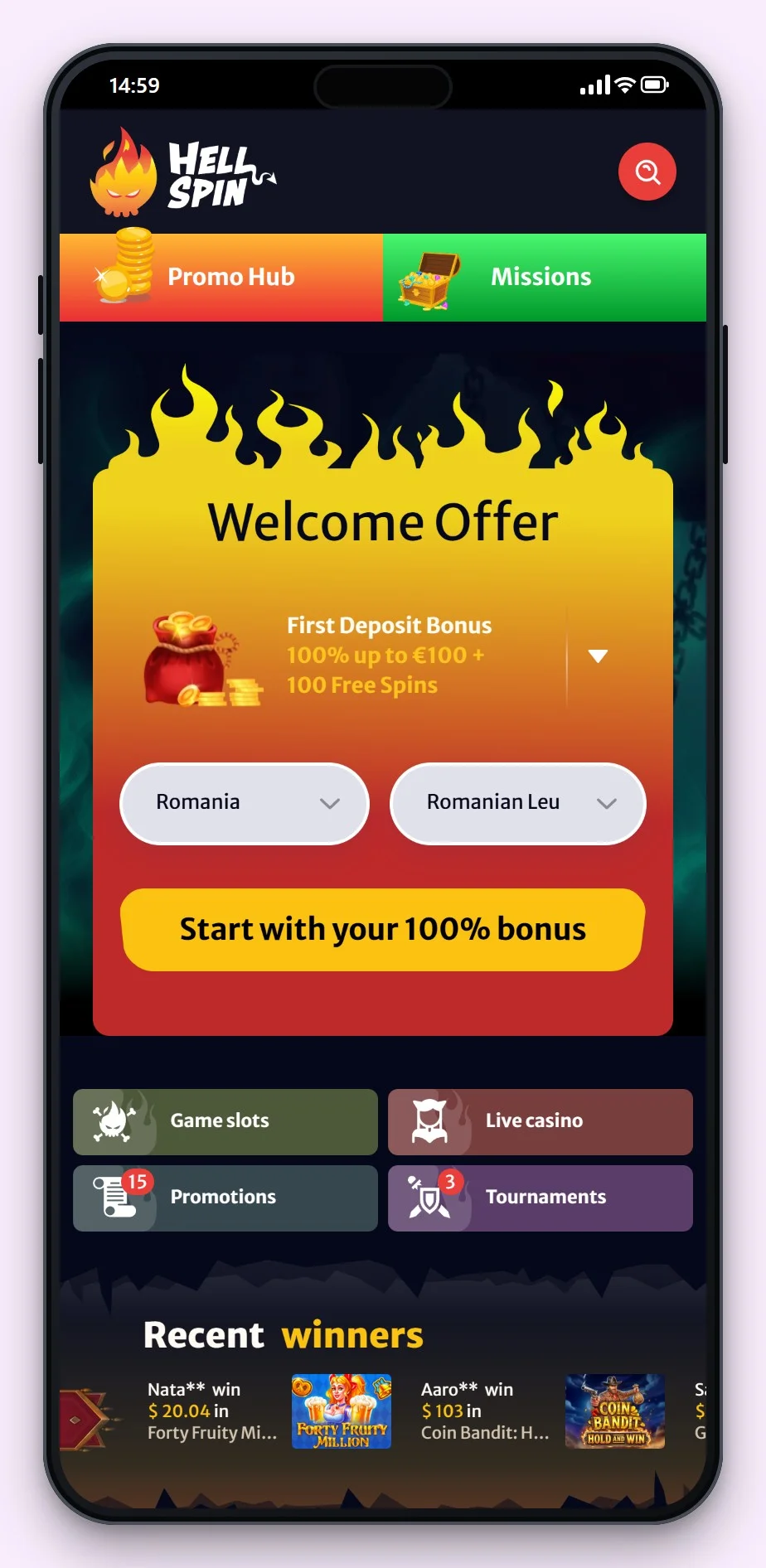 casino malta: HellSpin pe mobil, lobby-ul